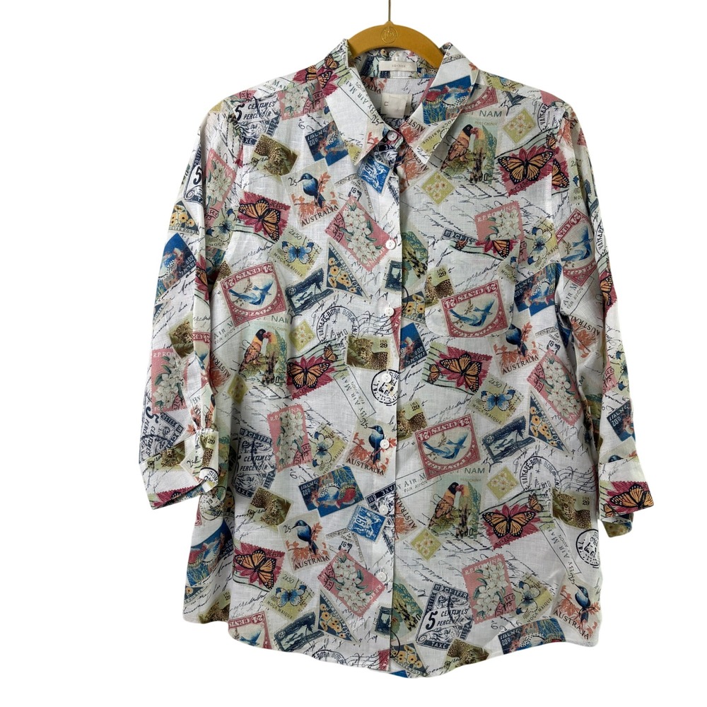 Chicos Button Up Shirt Size 1 US M Multicolor Postage Stamp Print Linen No Iron